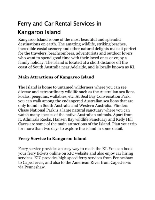 Ferry and Car Rental Services in Kangaroo Island