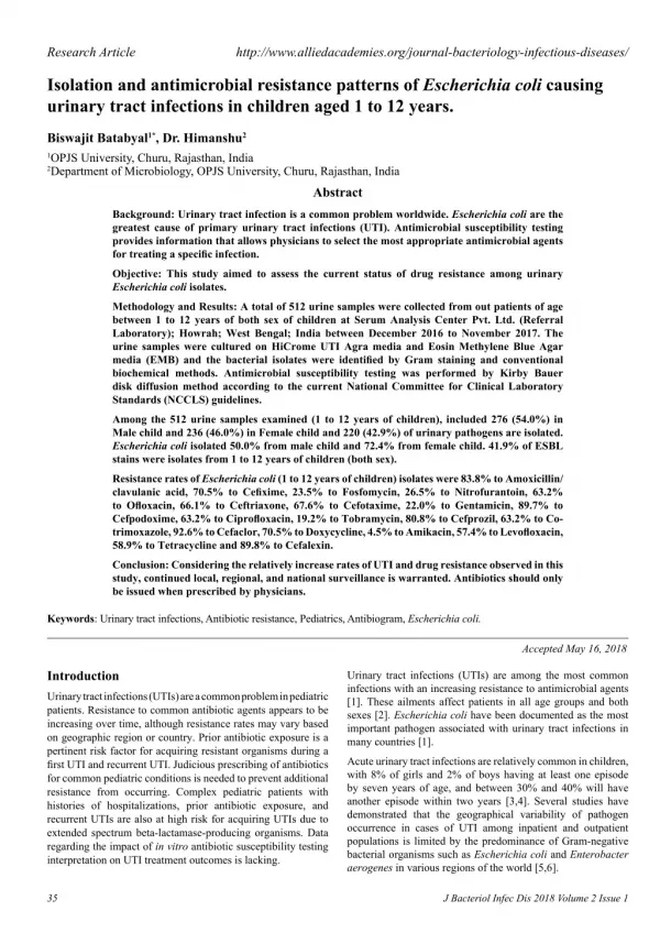 Isolation and antimicrobial resistance patterns of Escherichia coli causing urinary tract infections in children aged 1