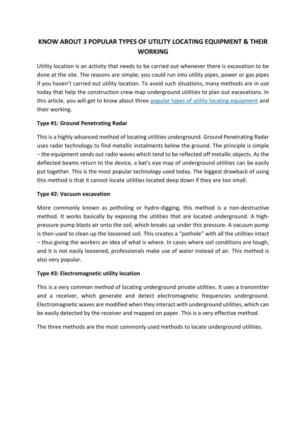 KNOW ABOUT 3 POPULAR TYPES OF UTILITY LOCATING EQUIPMENT & THEIR WORKING