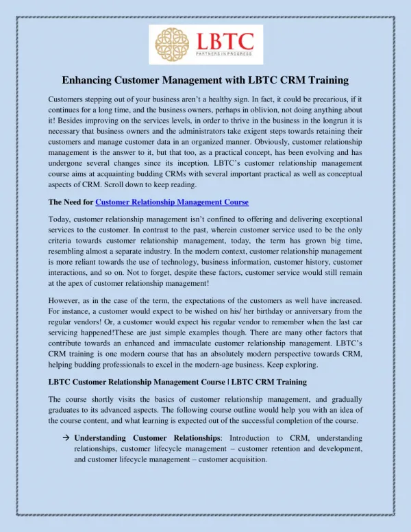 Enhancing Customer Management with LBTC CRM Training
