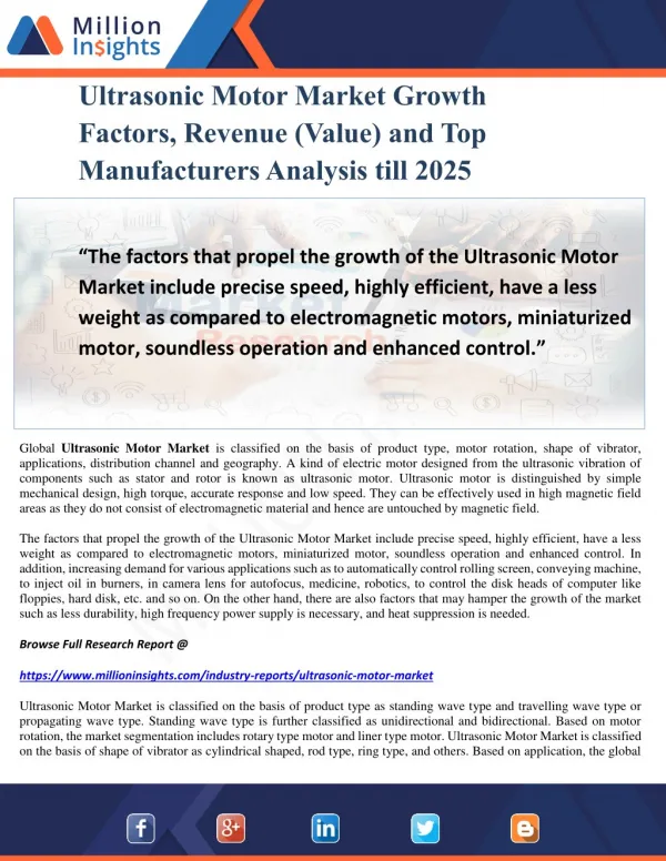 Ultrasonic Motor Market Growth Factors, Revenue (Value) and Top Manufacturers Analysis till 2025