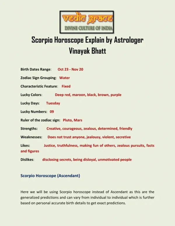 Scorpio Horoscope Explain by Astrologer Vinayak Bhatt