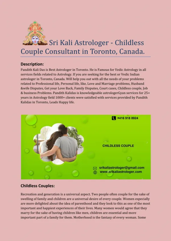 Sri Kali Astrologer - Childless Couple Consultant in Toronto