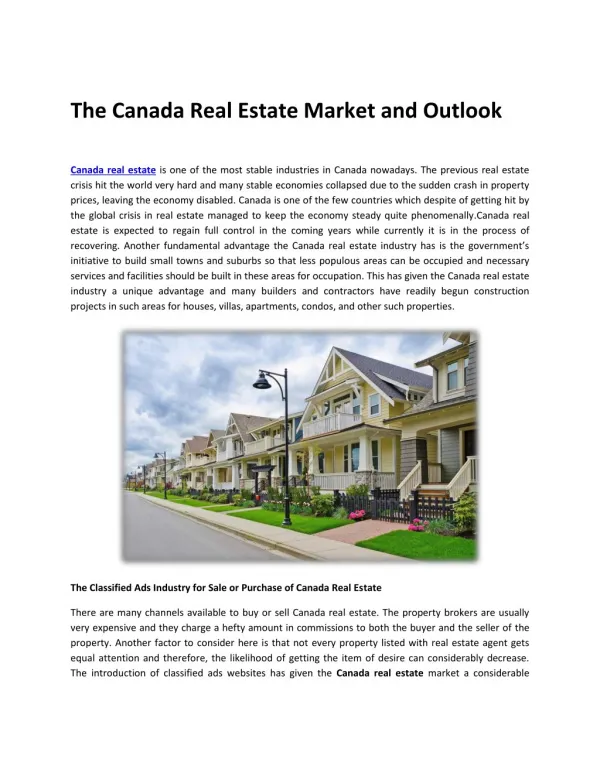 The Canada Real Estate Market and Outlook