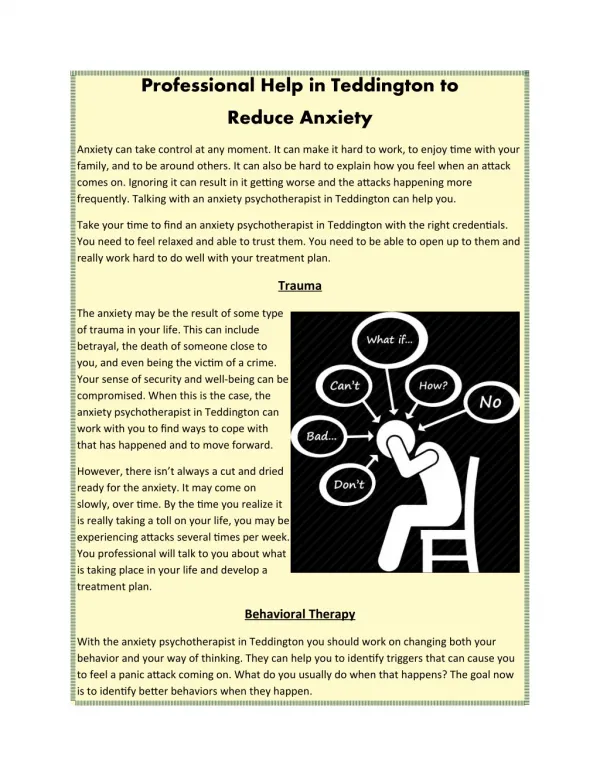 Professional Help in Teddington to Reduce Anxiety