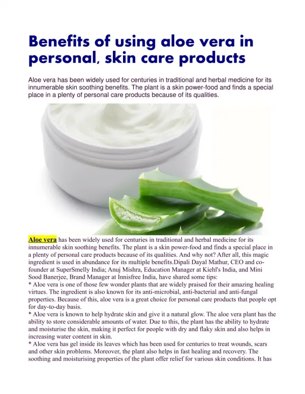 Benefits of using aloe vera in personal, skin care products