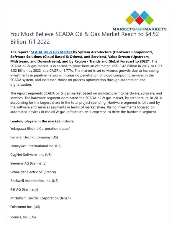 You Must Believe SCADA Oil & Gas Market Reach to $4.52 Billion Till 2022