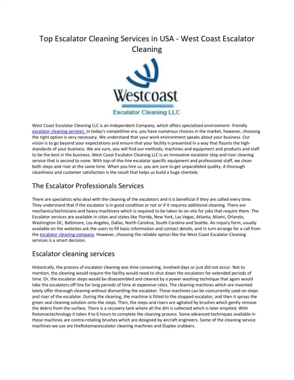 Westcoast Escalator Cleaning Services USA
