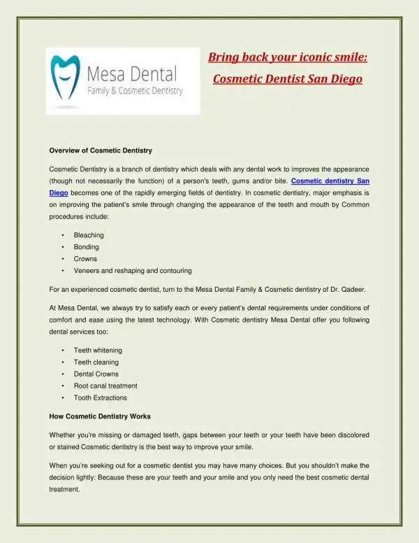 Bring back your iconic smile: Cosmetic Dentist San Diego