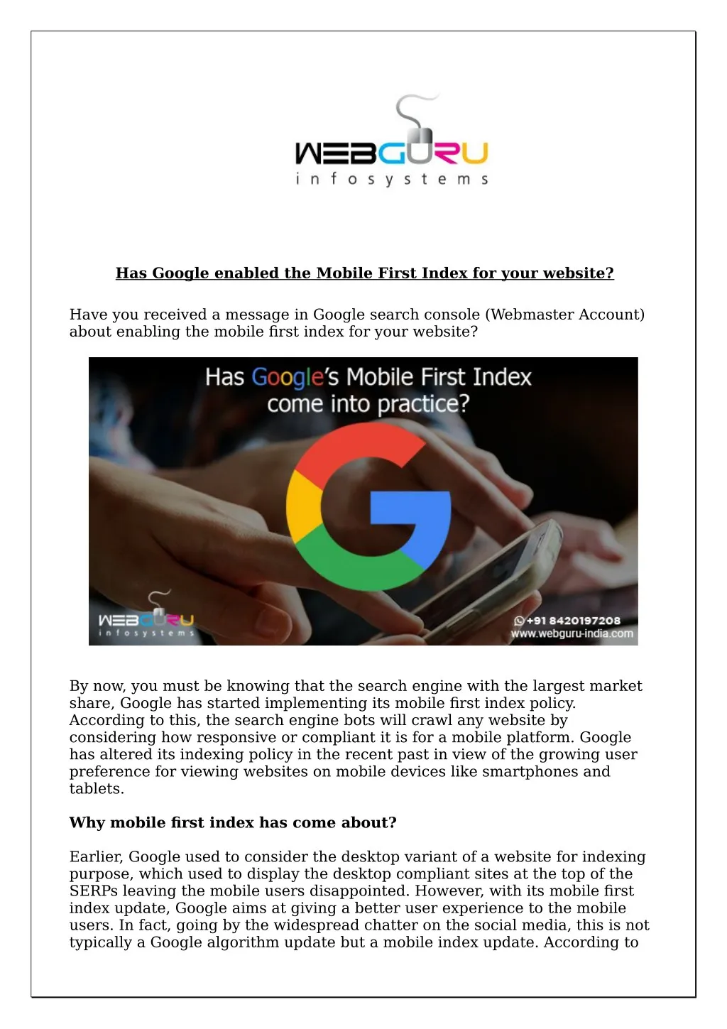has google enabled the mobile first index