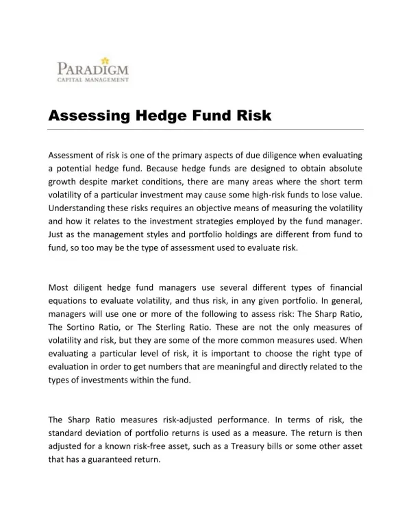 Assessing Hedge Fund Risk