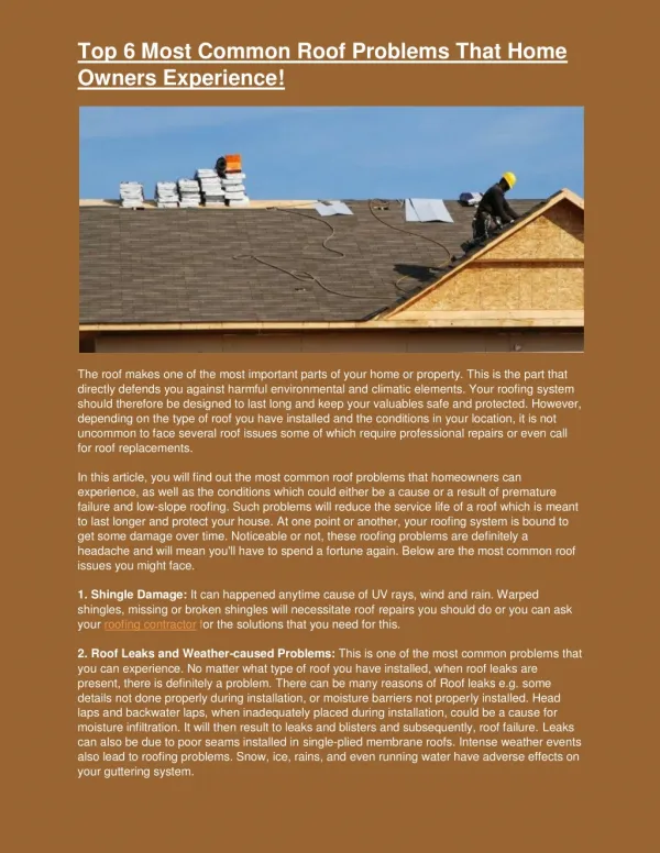 Top 6 Most Common Roof Problems That Home Owners Experience!