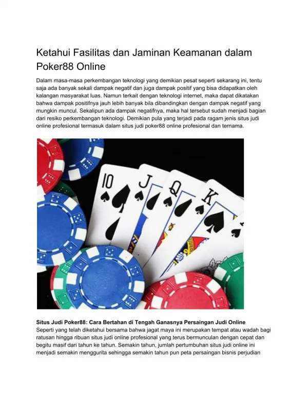 Ketahui Fasilitas dan Jaminan Keamanan dalam Poker88 Online