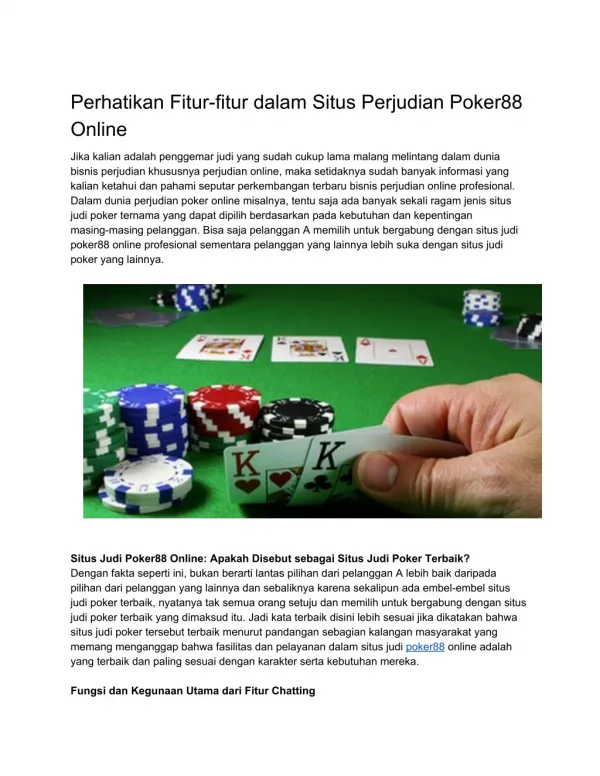 Perhatikan Fitur-fitur dalam Situs Perjudian Poker88 Online