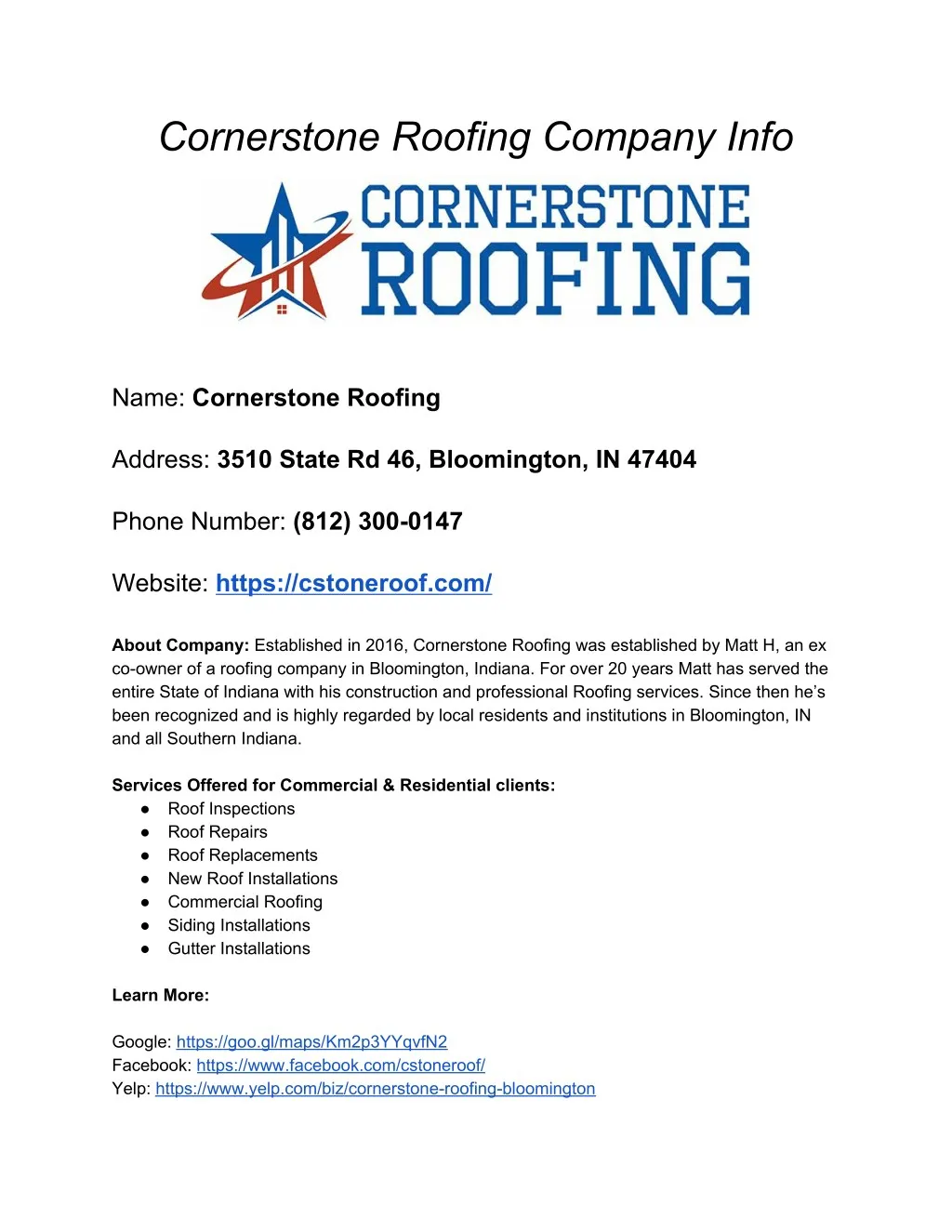 cornerstone roofing company info