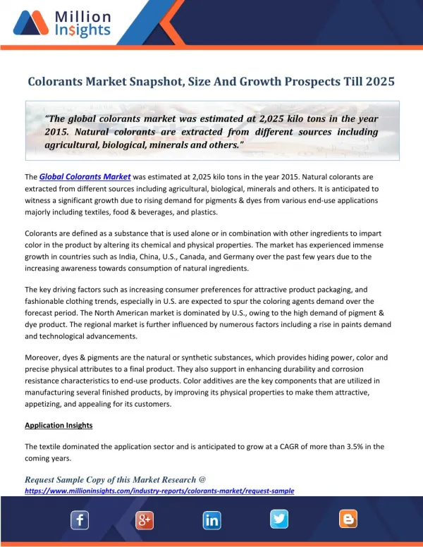 Colorants Market Snapshot, Size And Growth Prospects Till 2025