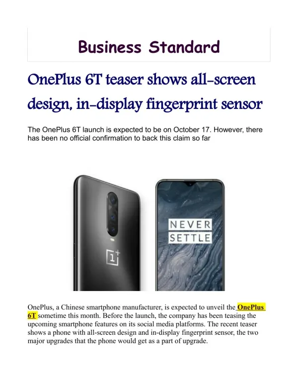 OnePlus 6T teaser shows all-screen design, in-display fingerprint sensor