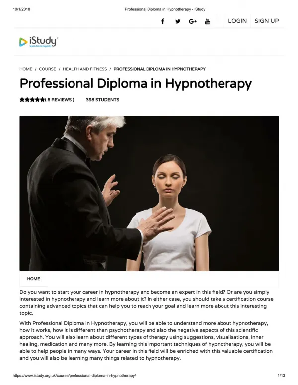 Professional Diploma in Hypnotherapy - istudy