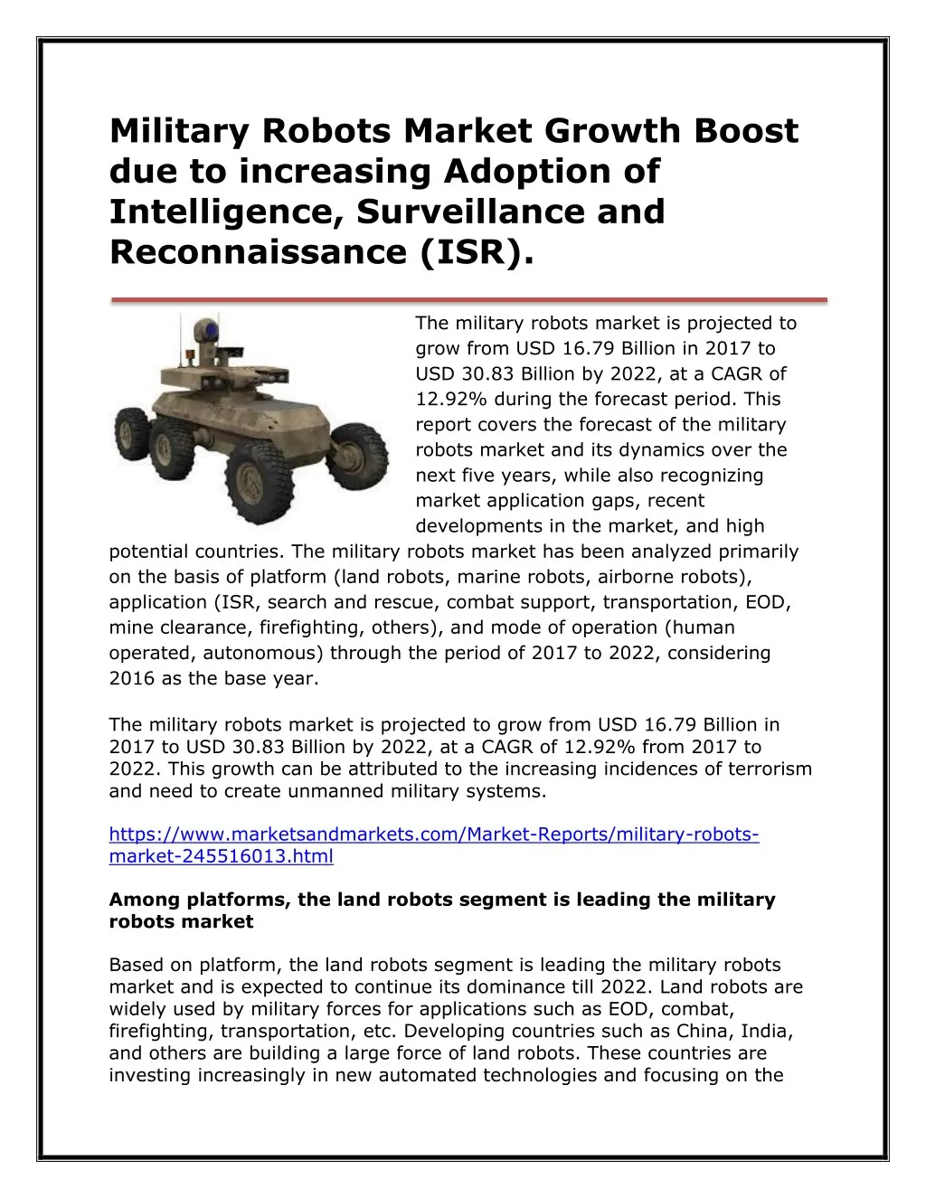 military robots market growth boost