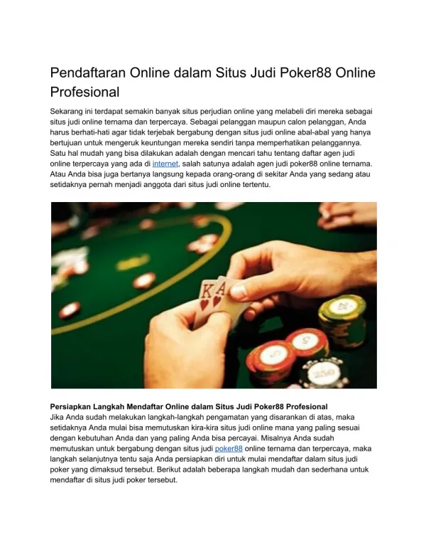 Pendaftaran Online dalam Situs Judi Poker88 Online Profesional