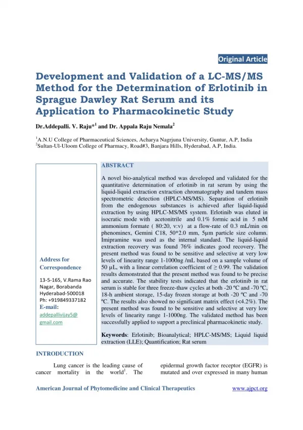 Development and Validation of a LC-MS/MS Method for the Determination of Erlotinib in Sprague Dawley Rat Serum and its A