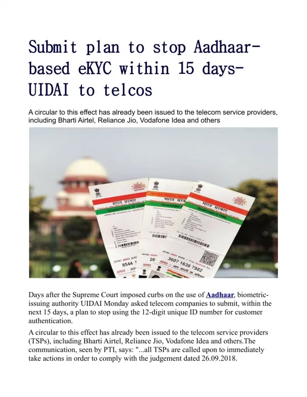 Submit plan to stop Aadhaar-based eKYC within 15 days: UIDAI to telcos