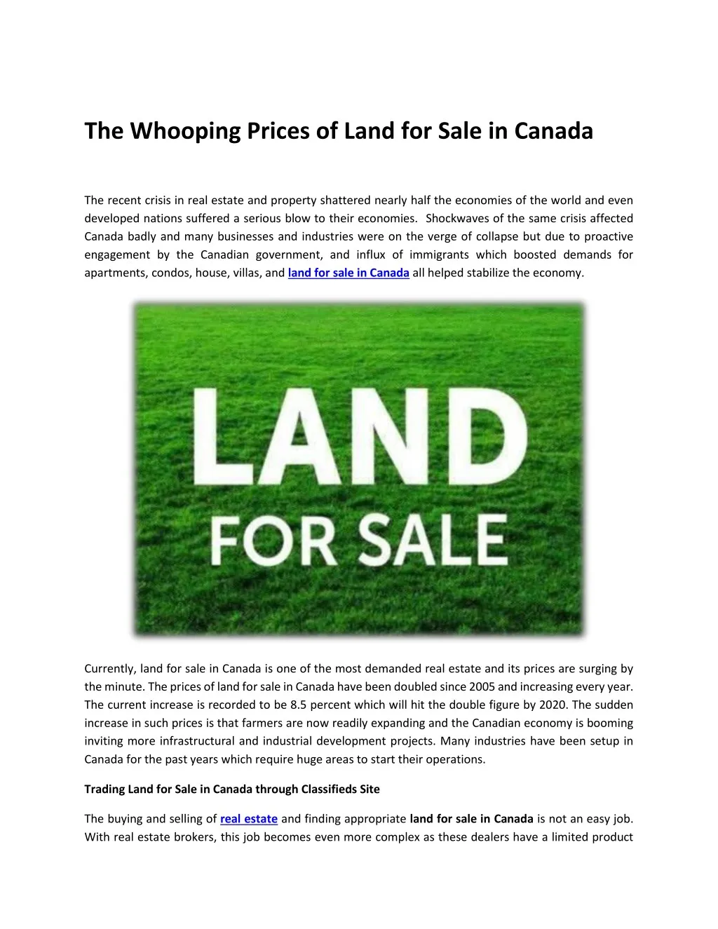 the whooping prices of land for sale in canada