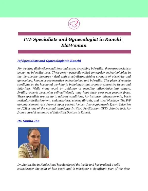 IVF Specialists and Gynecologist in Ranchi | ElaWoman
