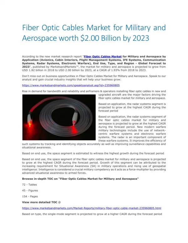 Fiber Optic Cables Market for Military and Aerospace worth $2.00 Billion by 2023