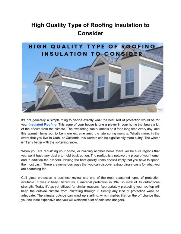 High Quality Type of Roofing Insulation to Consider