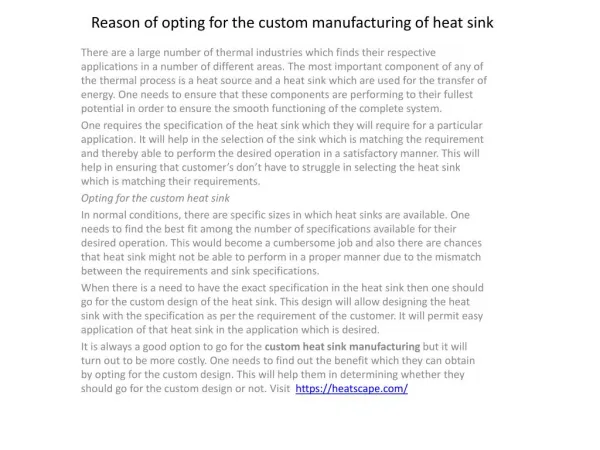 Reason of opting for the custom manufacturing of heat sink