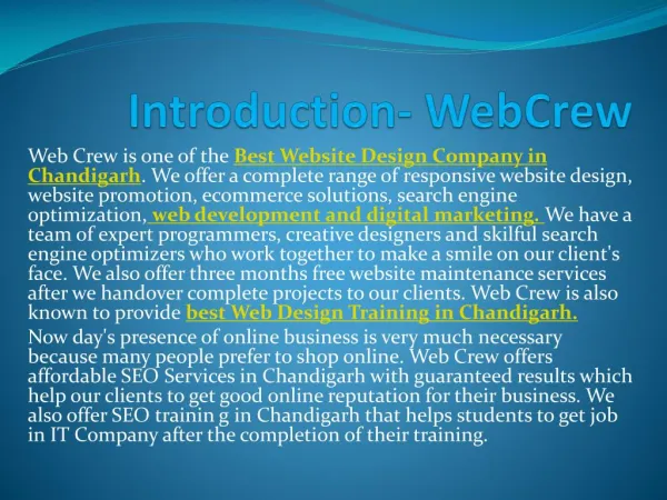 Six Months Industrial Training in Chandigarh - Web Crew