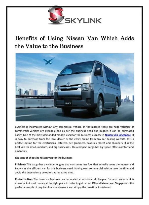 Benefits of Using Nissan Van Which Adds the Value to the Business