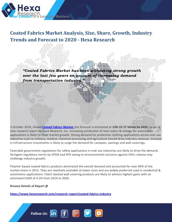 Research Insights on Global Coated Fabrics Market Size, Growth and Forecast to 2020