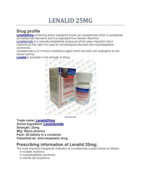 Lenalid 25mg Natco Capsule Uses, MRP, Price, Cost India.