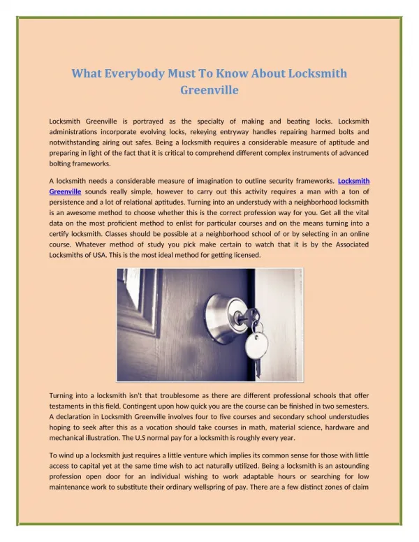 What Everybody Must To Know About Locksmith Greenville