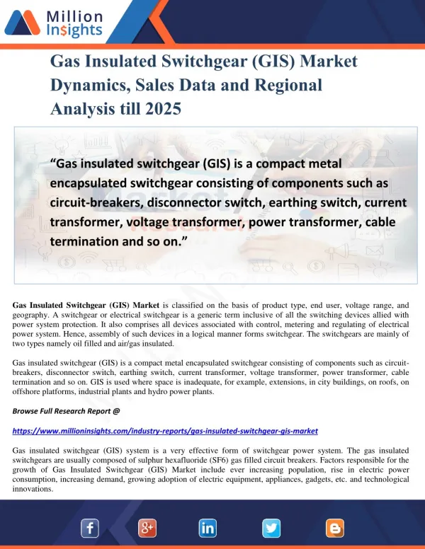 Gas Insulated Switchgear (GIS) Market Dynamics, Sales Data and Regional Analysis till 2025