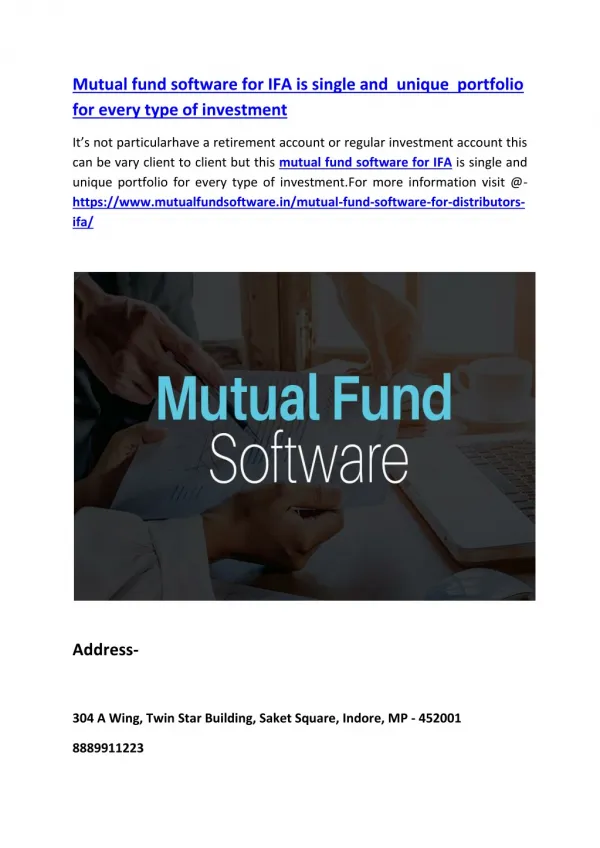Mutual fund software for IFA is single and unique portfolio for every type of investment