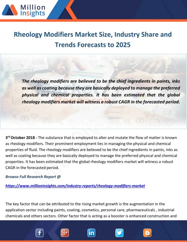 Rheology Modifiers Market Size, Industry Share and Trends Forecasts to 2025