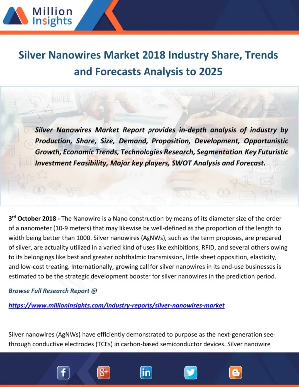 Silver Nanowires Market 2018 Industry Share, Trends and Forecasts Analysis to 2025