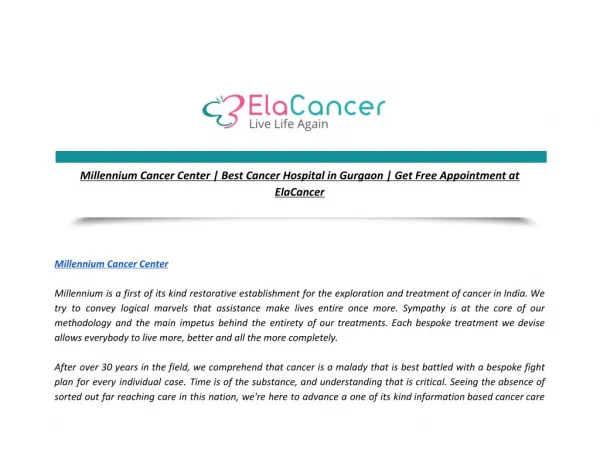Millennium Cancer Center | Best Cancer Hospital in Gurgaon | Get Free Appointment at ElaCancer