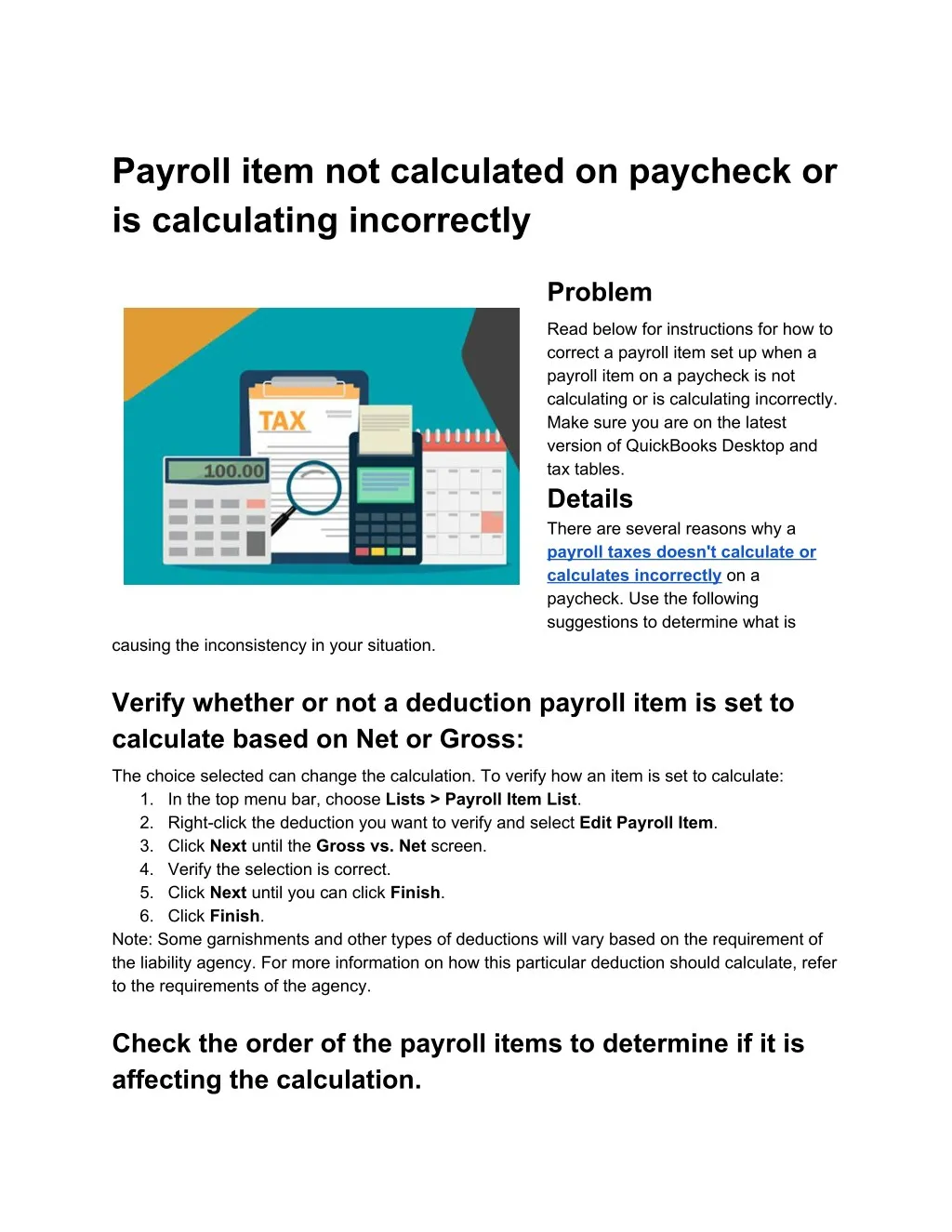 payroll item not calculated on paycheck