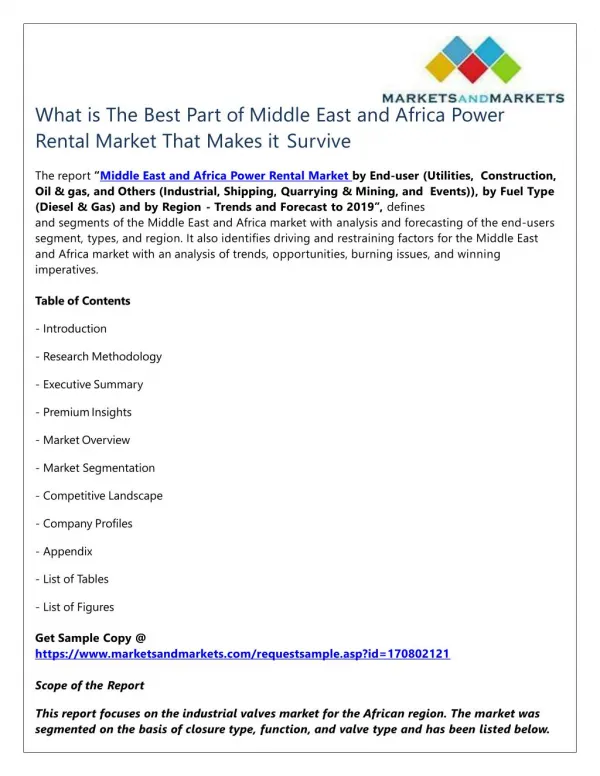 What is The Best Part of Middle East and Africa Power Rental Market That Makes it Survive