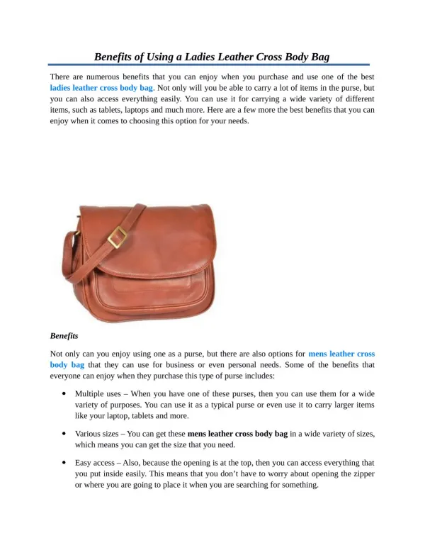 Benefits of Using a Ladies Leather Cross Body Bag