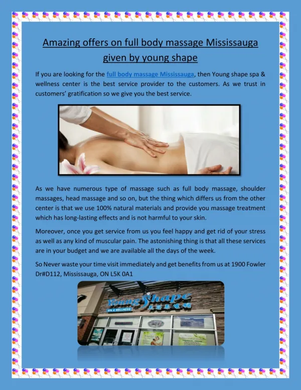 Amazing Offers on Full Body Massage Mississauga given by Young Shape Spa