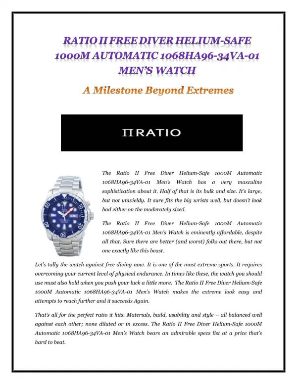 RATIO II FREE DIVER HELIUM-SAFE 1000M AUTOMATIC 1068HA96-34VA-01 MEN’S WATCH