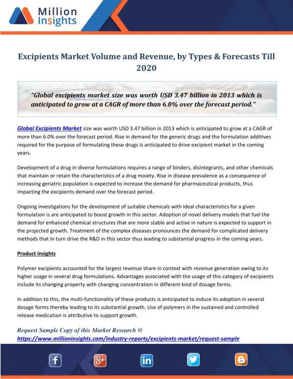Excipients market volume and revenue, by types &amp; forecasts till 2020