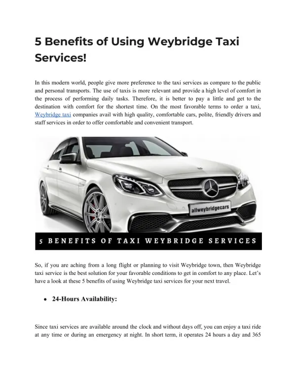 Advantages Of Using Weybridge Taxi Services