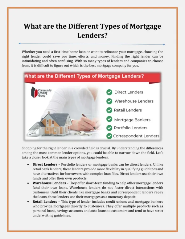 What are the Different Types of Mortgage Lenders?