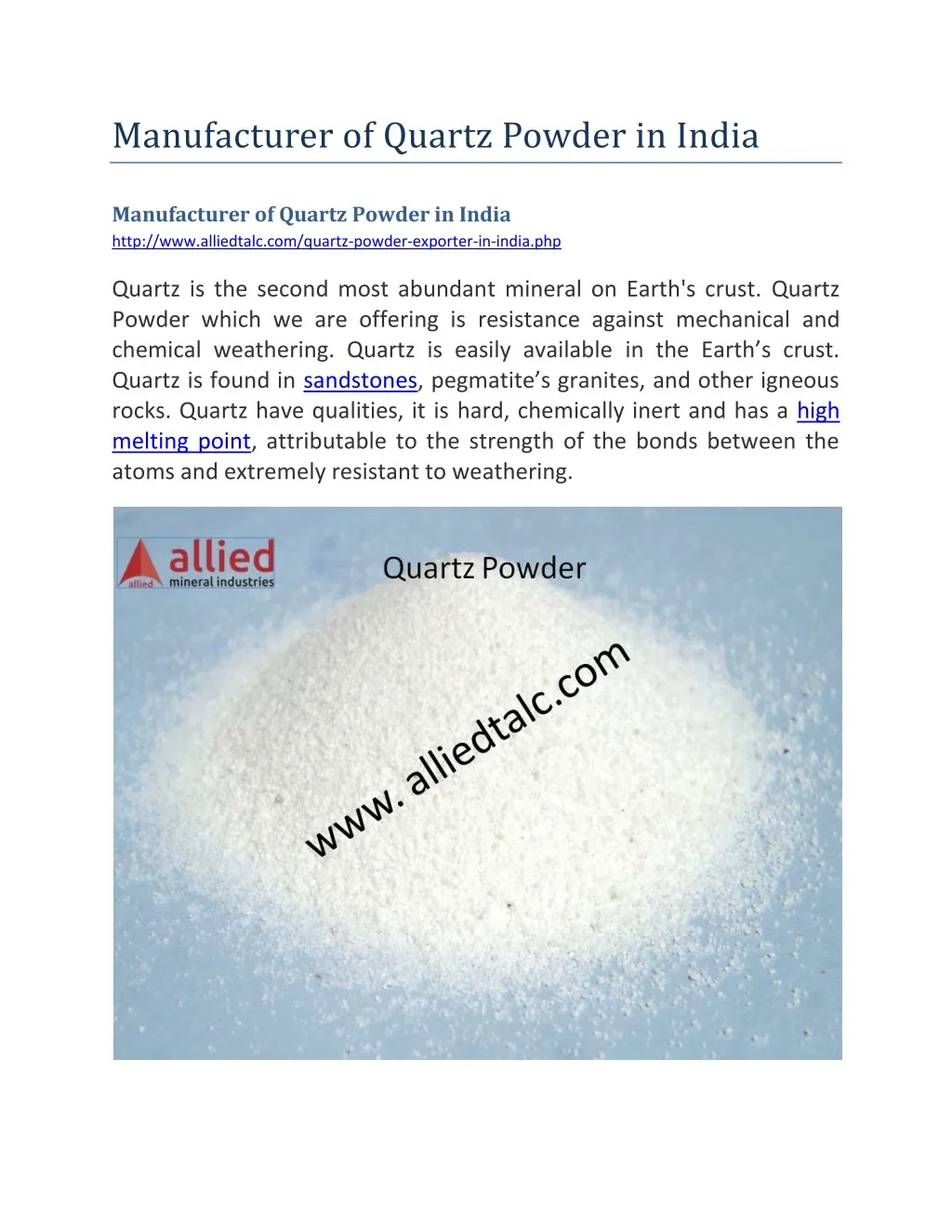 manufacturer of quartz powder in india